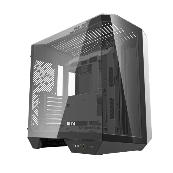 darkFlash DY470 Tempered Glass ATX PC Case, Three-sided Glass Panel View, 2x USB 3.0, 1x Gen 2 Type-C, Horizontal and Vertical PCIE Slots, Dual 360mm Radiators Support, Back-connect Motherboard Compatible - Black