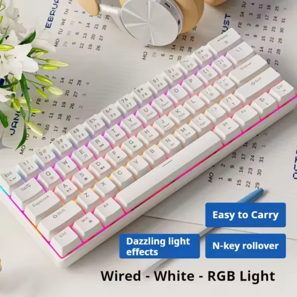 EWEADN G61 Wireless Mechanical Gaming Keyboard, Tri-mode Connectivity, 61%, RGB Backlit, ABS Keycaps (Blue Axis Switch, Braided Feather White)