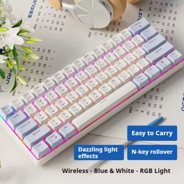 EWEADN G61 Wireless Mechanical Gaming Keyboard, Tri-mode Connectivity, 61%, RGB Backlit, ABS Keycaps (Blue Axis Switch, Waterfall Blue)