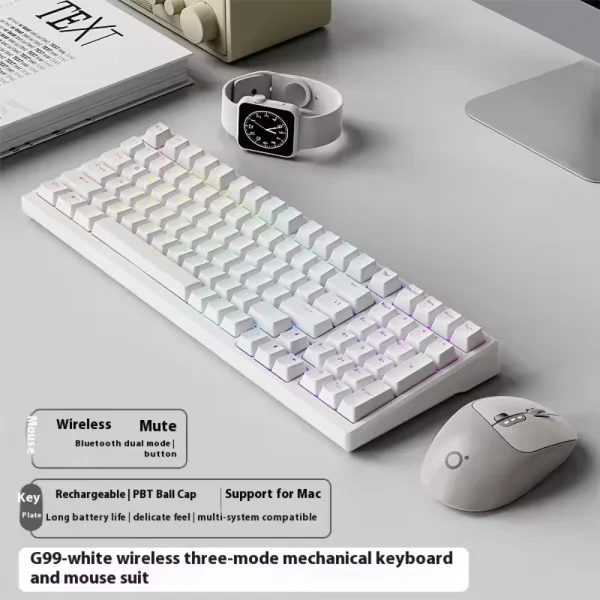 EWEADN G99 Wireless Mechanical Gaming Keyboard, Tri-mode Connectivity, 98%, RGB Backlit, ABS Keycaps (Blue Axis Switch, Braided Feather White)