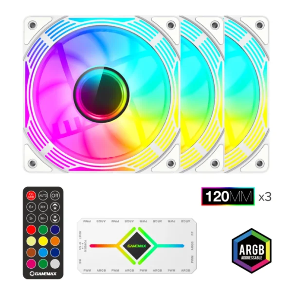 GAMEMAX KF300 WH, 120mm White Frame ARGB Fan 3-in-1 Kit, Includes Premium V4.0 ARGB HUB with Wireless Remote Controller