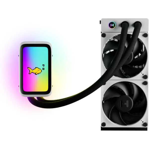 HYTE Thicc Q60 Digital Liquid Cooling System – 5in Ultraslim HD Display with 42 Pixel qRGB LEDs – High-Performance Dual Pumps and 240x52mm Radiator - White