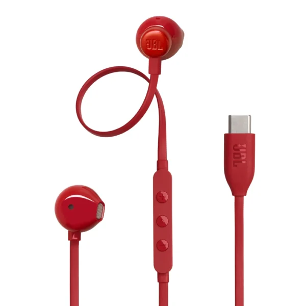 JBL Tune 305C Hi-Res Wired Earbuds with Microphone and USB-C, Flat Tangle-Free Cable, 3-Button Remote, EQ Presets Control and Volume Adjustment, Red