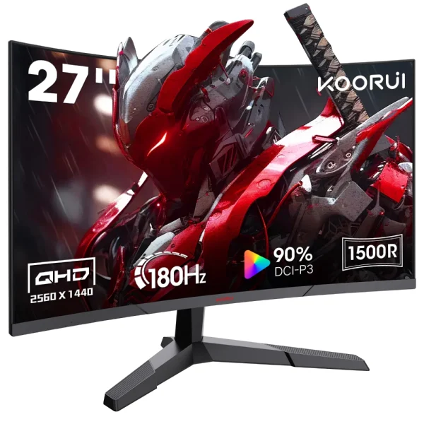 KOORUI 27E6QCA 27-inch Curved QHD 180Hz 1ms 100% sRGB, 90% DCI-P3, 1500R Curved, VA Display, Adaptive-Sync, 16.7m Color Display, 2x HDMI/DP
2.1 Gaming Monitor