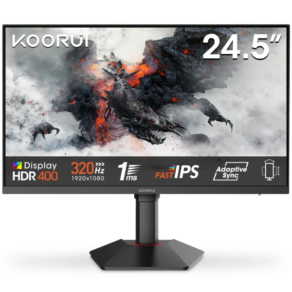 KOORUI G2511E 25-inch FHD IPS 320Hz 1ms, HDR400, 95% DCI-P3, Adaptive Sync, Tilt Vertical Height Adjustable, 2x HDMI 2.0, 1x DP 1.4 Gaming Monitor