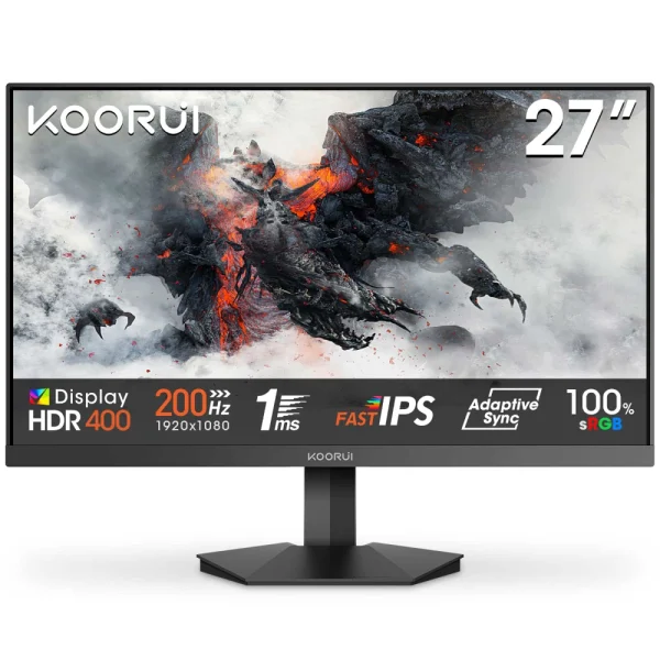 KOORUI G2711P 27-inch FHD Fast IPS 200Hz, 1ms (MPRT), Adaptive Sync,2x HDMI 2.0/1x DP 1.2HDR400, 99% sRGB Gaming Monitor