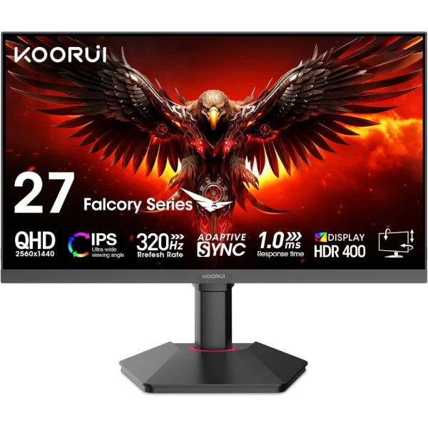 KOORUI G2721E 27-inch QHD IPS 320Hz, 95% DCI-P3, PPI 109, 130% sRGB , 100% Adobe RGB (DIC) 1ms, HDR 400, With Height Adjustable and Swivel Ergonomic Stand Gaming Monitor