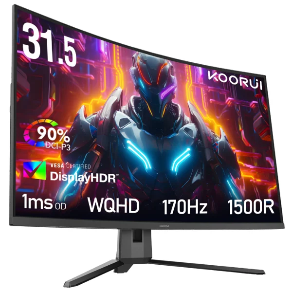 KOORUI G3221SC 32-inch Curved QHD 170Hz 1ms (MPRT), 100% SRGB, 1500R Curved Gaming Monitor, VA Display, 90% DCI-P3, AMD FreeSync Gaming Monitor