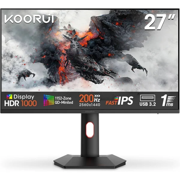 KOORUI S2721PM 27-inch QHD IPS Mini LED 200Hz 1ms, 109 PPI, 100% SRGB, HDR 1000, 1.07 Billion Colors, 2x HDMI 2.0/DP 1.4, Height adjustable Gaming Monitor