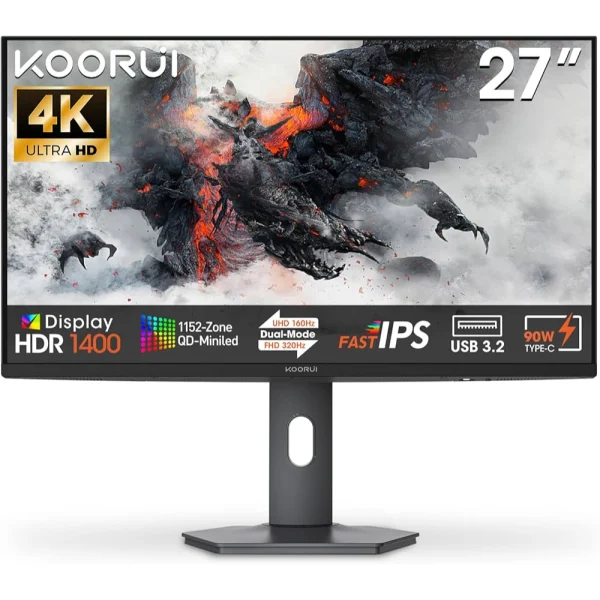 KOORUI S2741LM 27-inch Dual-mode: 4K 160Hz/FHD 320Hz 1ms IPS/QD Mini LED, HDR 1400nits, 1ms, 99% sRGB, 99% Adobe RGB, 98% DCI-P3,
Advanced Backlight, HDMI 2.1?2, DP 1.4, 90W USB-C hub Height adjustable Gaming Monitor