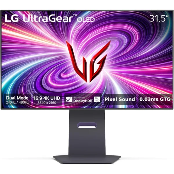 LG ‎32GS95UE-B 32-inch Ultragear UHD 240Hz or FHD 480Hz OLED Dual Mode Gaming Monitor 0.03ms DisplayHDR True Black 400 AMD FreeSync Premium Pro NVIDIA G-Sync HDMI 2.1 DisplayPort Tilt/Height/Swivel Stand - Black