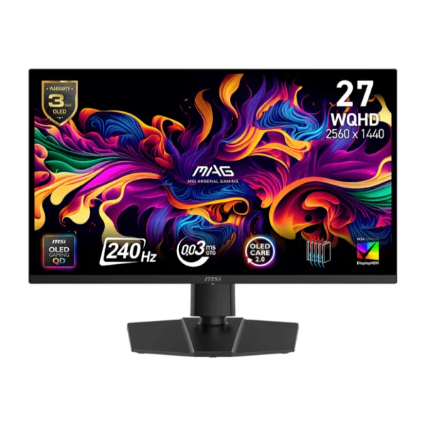 MSI MAG 273QP QD-OLED X24 27-inch QHD 240Hz Gaming Monitor, Adaptive-Sync, HDMI, DisplayPort, VESA Mountable, Tilt, Height Adjustable, 0.03ms (GtG), Black