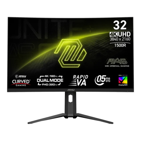 MSI MAG 321CUPDF 32-inch Dual Mode UHD 160Hz / FHD 320Hz Rapid VA Curved Gaming Monitor, FreeSync Premium, Type-C, HDMI, DisplayPort, VESA Mountable, Tilt, Height Adjustable, Speaker, 0.5ms (GtG), Black