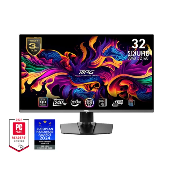 MSI MPG 321URX QD-OLED, 32in 4K UHD Quantum Dot OLED Gaming Monitor, 3840 x 2160, 0.03ms, 240Hz, True Black HDR 400, 90W USB Type C, HDMI, DP Port