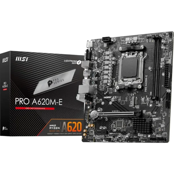 MSI PRO A620M-E ProSeries DDR5 AM5 Motherboard (AMD 9000/8000/7000 Series Processors, PCIe 4.0, SATA 6Gb/s, M.2, USB 3.2 Gen 1, DVI/HDMI, mATX)