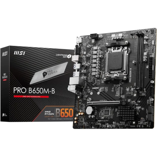 MSI PRO B650M-B Micro-ATX Motherboard (Supports AMD Ryzen 7000 Series Processors, AM5 - DDR5 Memory Boost 6800+MHz/OC, 1 x PCIe 4.0 x16, 1 x M.2 Gen4, 2.5G LAN)