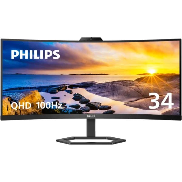 PHILIPS 34E1C5600HE 34in UltraWide QHD 21:9 Monitor With Built-in Windows Hello Webcam & Noise Canceling Mic, USB-C Docking, Stereo Speakers, 100Hz
