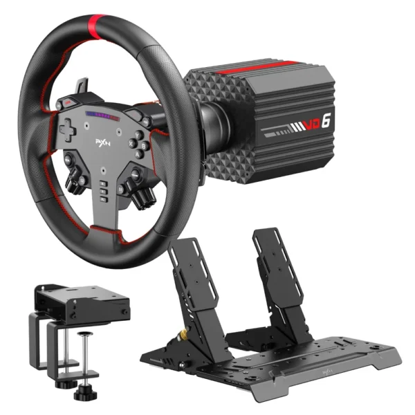 PXN VD6 Bundle PC Steering Wheel and Pedals – 6 Nm Direct Drive Servo Motor Base, W AS Racing Wheel, Hall Effect 2-Pedal Set, and Table Clamp – Professional Sim Racing Setup