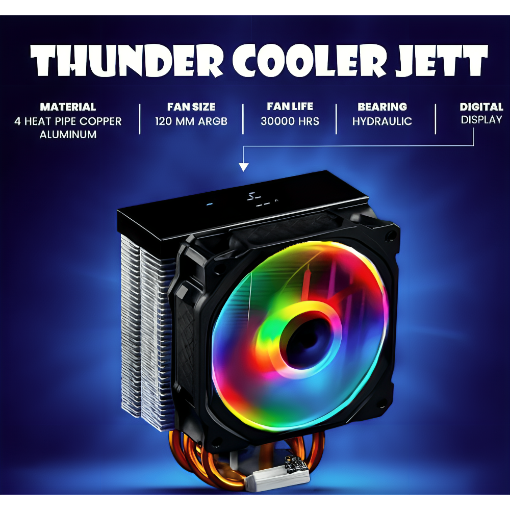 thunder-jett-tcc-dg120-argb-cpu-air-cooler-1-techarc.pk_.webp Thunder Jett TCC-DG120 ARGB CPU Air Cooler, 4 Copper Heatpipes, Temperature Display, Single Fan - Image 1