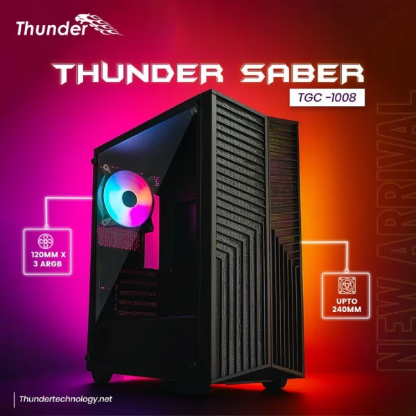 Thunder Saber TGC-1008 ATX Desktop Case, Front Mesh - 3x ARGB Fans Pre-Installed