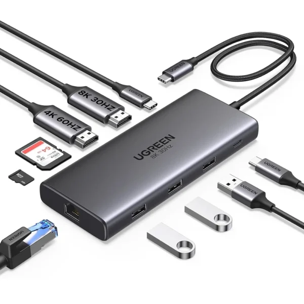 Ugreen 15534 USB-C to 1*USB3.0+2*USB2.0+USB- C3.0+2*HDMI+RJ45 Gigabit+SD&TF +PD
port Converter USB-A&C +8K@30Hz &2*HDMI with PD (10-in-1)