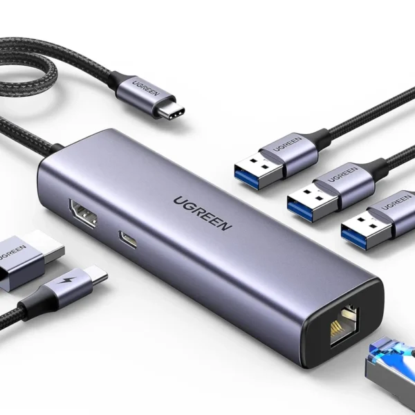 Ugreen 15598 USB-C To 3*USB 3.0 A+HDMI+RJ45+PD Converter 4K@30Hz with PD (6 IN 1)