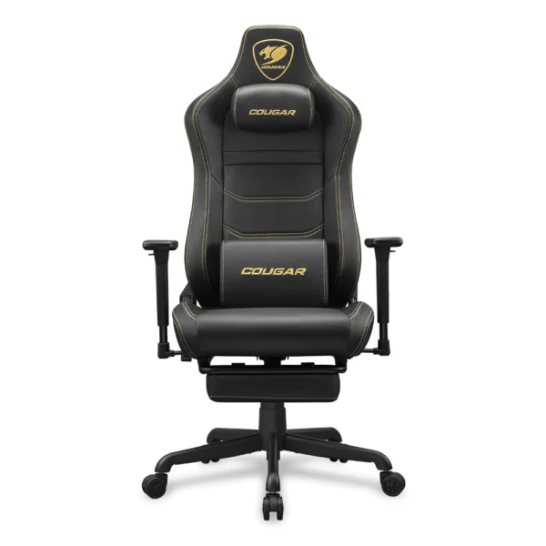 COUGAR ARMOR EVO S Ergonomic Gaming Chair, Breathable PVC Leather, Retractable Footrest, Magnetic Neck Pillow and Lumbar Cushion, 3D Adjustable Armrest, Reclining Backrest up to 155º Tilt & Lock Mechanism - Black/Gold