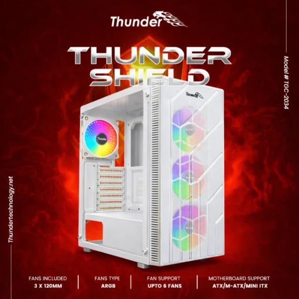 Thunder Shield TGC-2034 ATX Desktop Case, Front Mesh - 3x ARGB Fans Pre-Installed - White