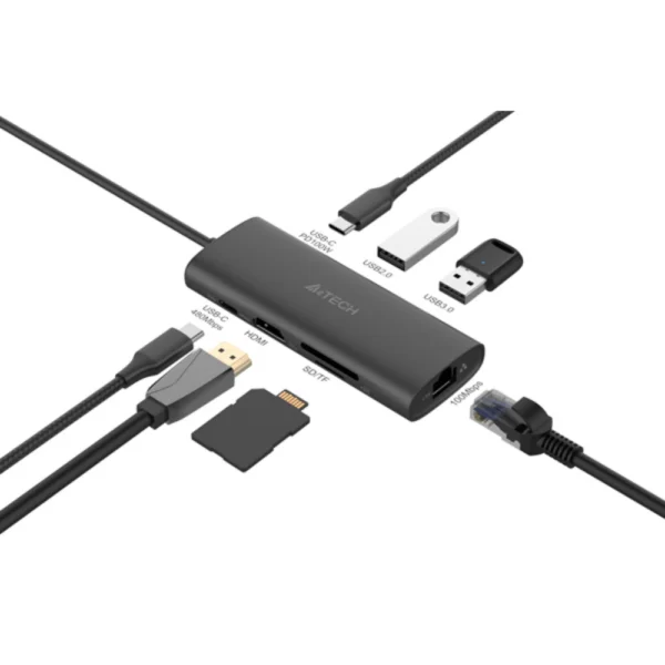 A4Tech DST-80C 8-IN-1 Docking Station (HDMI×1+USB2.0×1+USB3.0×1+SD×1+TF×1+USB-C×1+LAN×1+USB-C PD100W) - Ash Grey