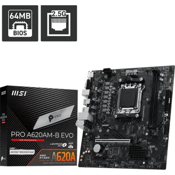 MSI PRO A620AM-B EVO AM5 DDR5 Motherboard, Micro-ATX - Supports AMD Ryzen 9000/8000/7000 Processors, Memory Boost (6800+ MT/s OC), 1 x PCIe 4.0 x16, 1 x M.2 Gen4