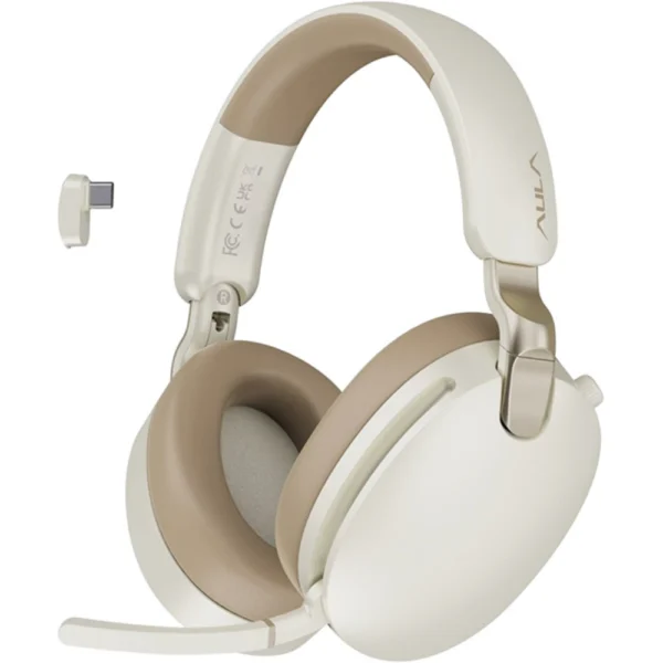 AULA A500 Tri-Mode Wireless Gaming Headset with ANC, Supports Bluetooth, 2.4GHz & USB Wired - Beige