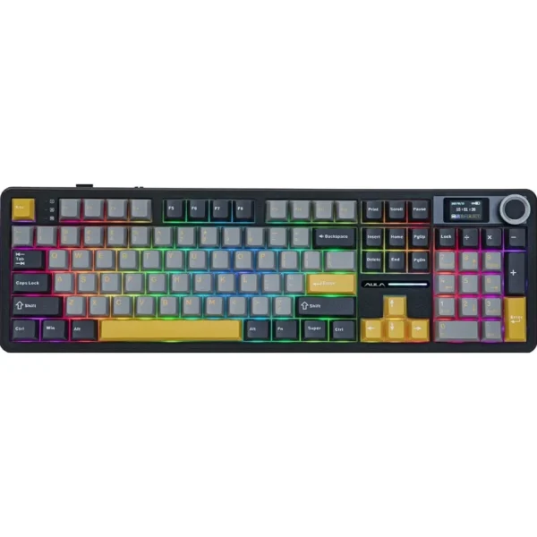 AULA F108 PRO Wireless Mechanical Keyboard, RGB Backlight – Grey & Yellow – LEOBOG Reaper Switch