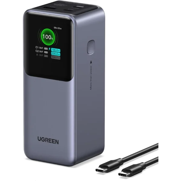 UGREEN 35524B Nexode 20000mAh Power Bank, 130W Portable Charger, 72Wh PD Fast Charging, 3-Port USB C Battery Pack with TFT Smart Display for MacBook/iPad/iPhone 17/16/Samsung S26 and More