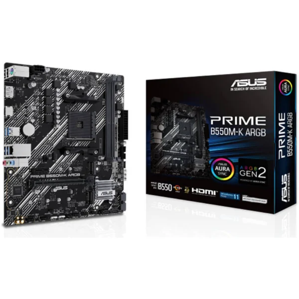 ASUS PRIME B550M-K ARGB mATX DDR4 Motherboard, PCIe 4.0, Dual M.2, HDMI, DisplayPort, USB 3.2 Gen 1, Aura Sync, For AMD AM4 Ryzen 5000/5000 G-Series/4000 G-Series/3000