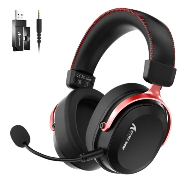 ATTACK SHARK L30PRO Wireless Gaming Headset, Tri-Mode 2.4GHz/Bluetooth/3.5mm, 7.1 Surround Sound, 50mm Drivers, AI Noise-Canceling Mic, 1100mAh Battery, Low Latency Gaming Headphones – Black Red