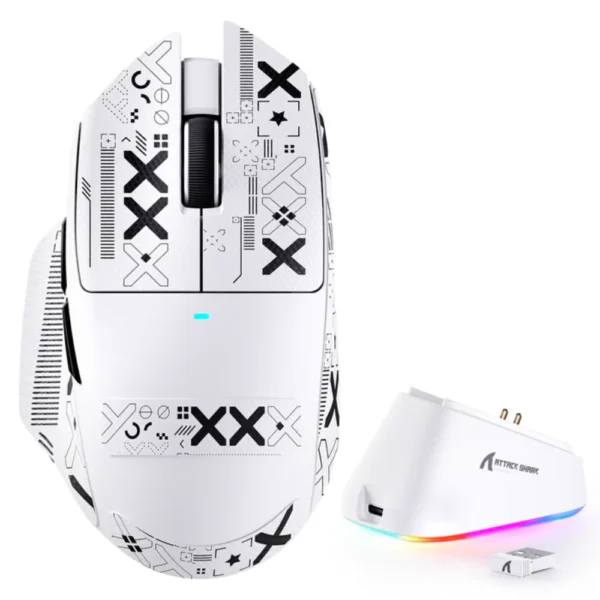 ATTACK SHARK V6 PAW3311 Ultra-Light Tri-mode Wireless Gaming Mouse, RGB Magnetic Charging Dock, Bluetooth 5.2, 2.4GHz & Wired, 25,000 DPI, 1000Hz Polling Rate, Omron Switches - White