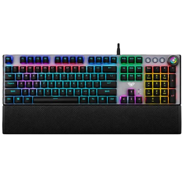AULA F2088 General Edition Wired Mechanical Gaming Keyboard, 104-Key Full-Size RGB, Multimedia Knob, Detachable Wrist Rest - Black - Blue Switch
