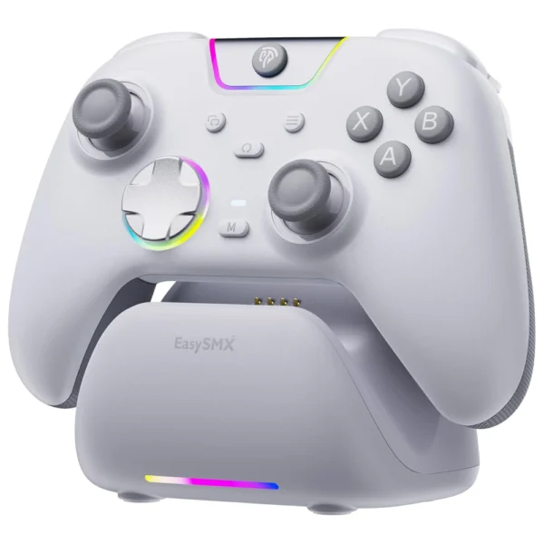 EasySMX X05Pro Wireless PC Gaming Controller with Smart Charging Dock, Full Quiet Buttons, Dual-Stage Linear Triggers, 8-Way D-Pad, Programmable Buttons, Hall Effect Joysticks, 1000mAh Long Battery Life, 1000Hz Polling Rate, Compatible with PC/Switch/Android/iOS - White