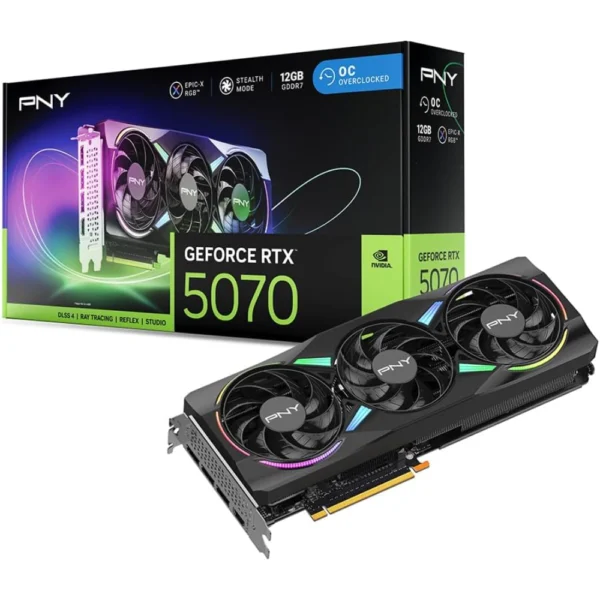 PNY GeForce RTX 5070 Epic-X ARGB OC Triple Fan 12GB GDDR7 Graphics Card, PCIe 5.0, DLSS 4, HDMI 2.1b, DisplayPort 2.1b