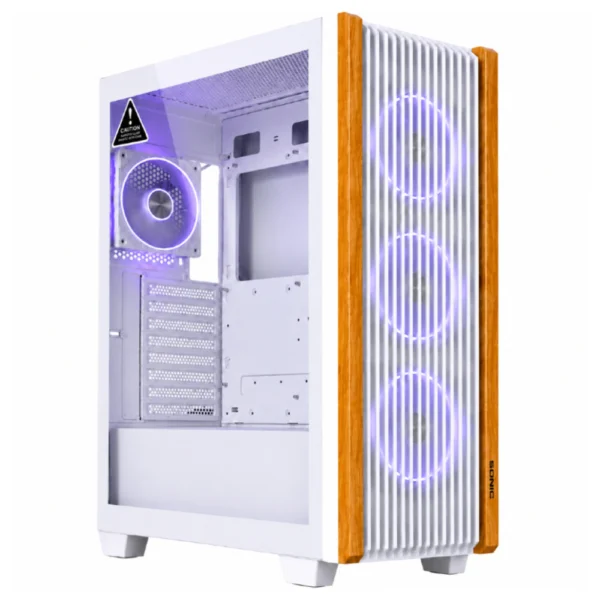 SONIC C19 Wood Mid Tower ATX Gaming Case, Tempered Glass - White - Pre-installed 4x Infinity ARGB Fans