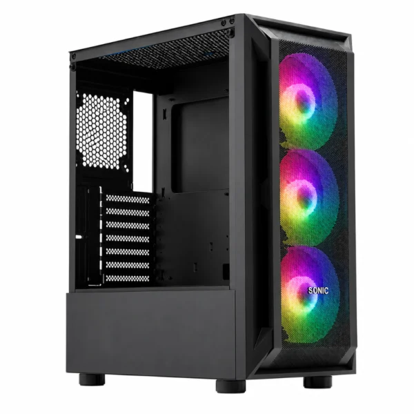 SONIC R19 Mid Tower ATX Gaming Case, Front Mesh, Tempered Glass - Black - Pre-installed 3x ARGB Fans