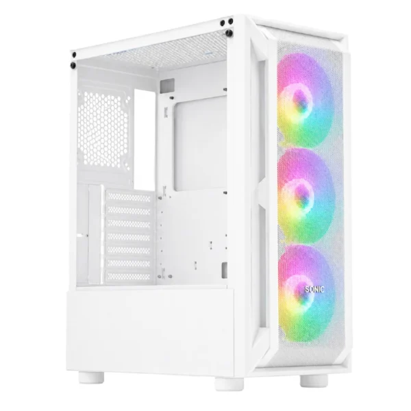 SONIC R19 Mid Tower ATX Gaming Case, Front Mesh, Tempered Glass - White - Pre-installed 3x ARGB Fans