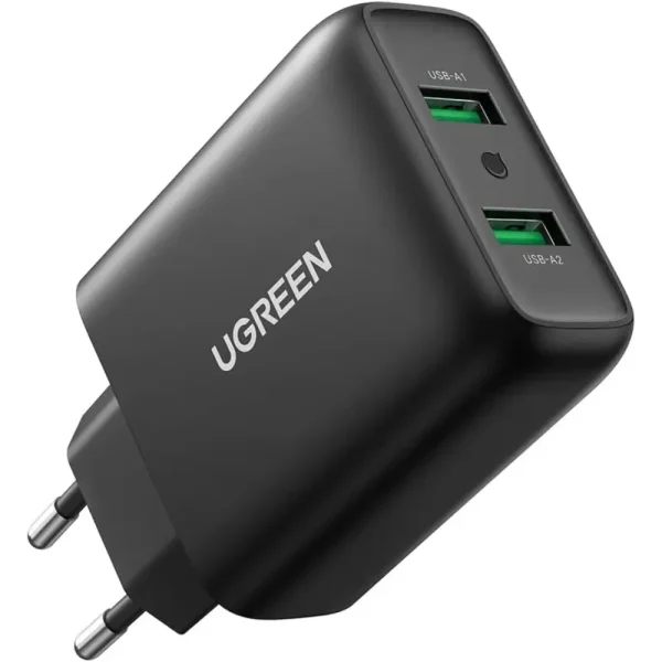 UGREEN 10216 36W 2-Port USB Fast Charger, Dual USB QC 3.0 Wall Charger - Universal Travel Adapter