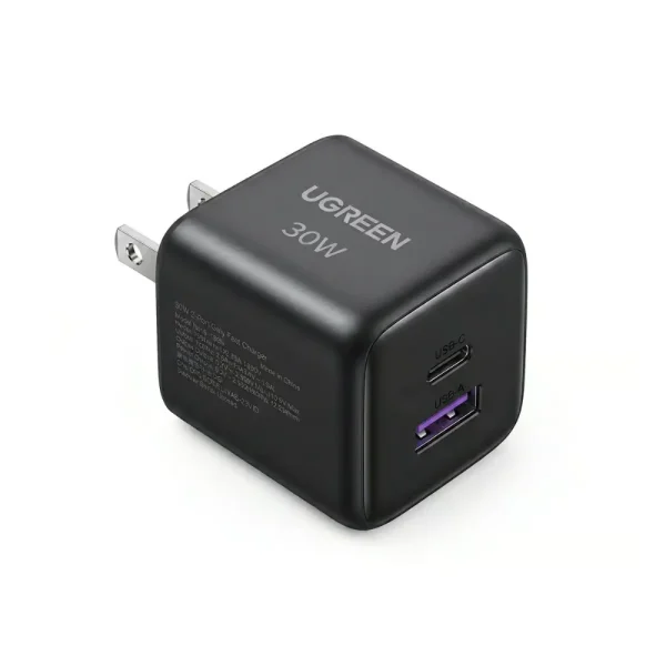 UGREEN 65025 X516 30W 2-Port GaN Fast Charger, USB-C and USB-A PD 3.0 Wall Charger, US Plug - Space Gray