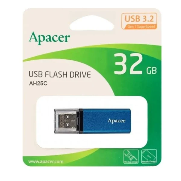 Apacer AP32GAH25CU-1  USB 3.2 Gen 1 Flash Drive, Up to 100MB/s Read Speed, Compact Metal Design - Ocean Blue