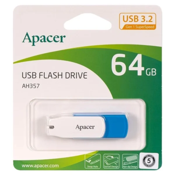 Apacer AP64GAH357U-1 USB 3.2 Gen 1 Flash Drive, Up to 100MB/s Read Speed, Swivel Cap Design - Ocean Blue