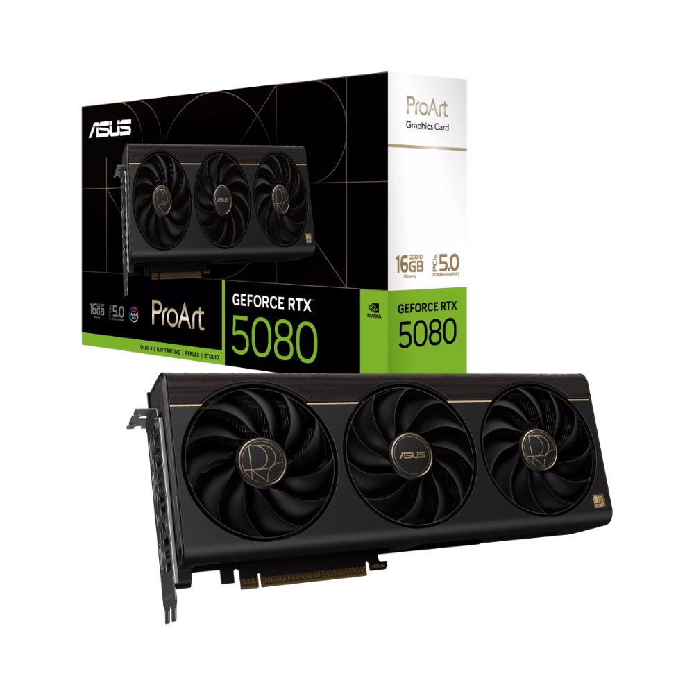 ASUS ProArt GeForce RTX 5080 16GB GDDR7 Graphics Card, OC Mode 2640MHz, 2.5-Slot, DLSS 4, HDMI 2.1b, DisplayPort 2.1b, USB Type-C