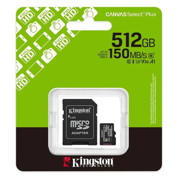 Kingston  SDCS3/512GB Canvas Select Plus microSD Card - Up to 150MB/s - UHS-I U3 V30 A1 - microSDXC with SD Adapter
