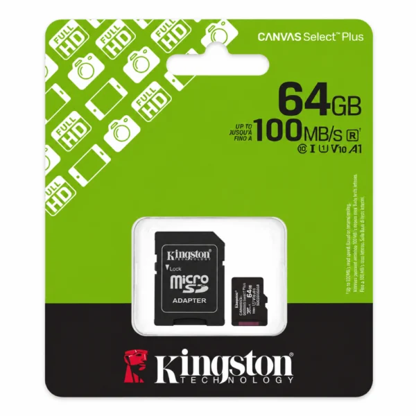 Kingston SDCS3/64GB Canvas Select Plus microSD Card, Up to 100MB/s, Class 10, UHS-I, U1, V10, A1 - microSDXC with SD Adapter