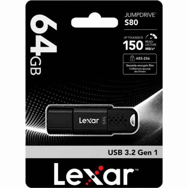 Lexar LJDS080064G-BNBNG JumpDrive USB 3.2 Gen 1 Flash Drive, Up to 150MB/s Read, 60MB/s Write, 256-bit AES Encryption, Retractable Connector- 64GB